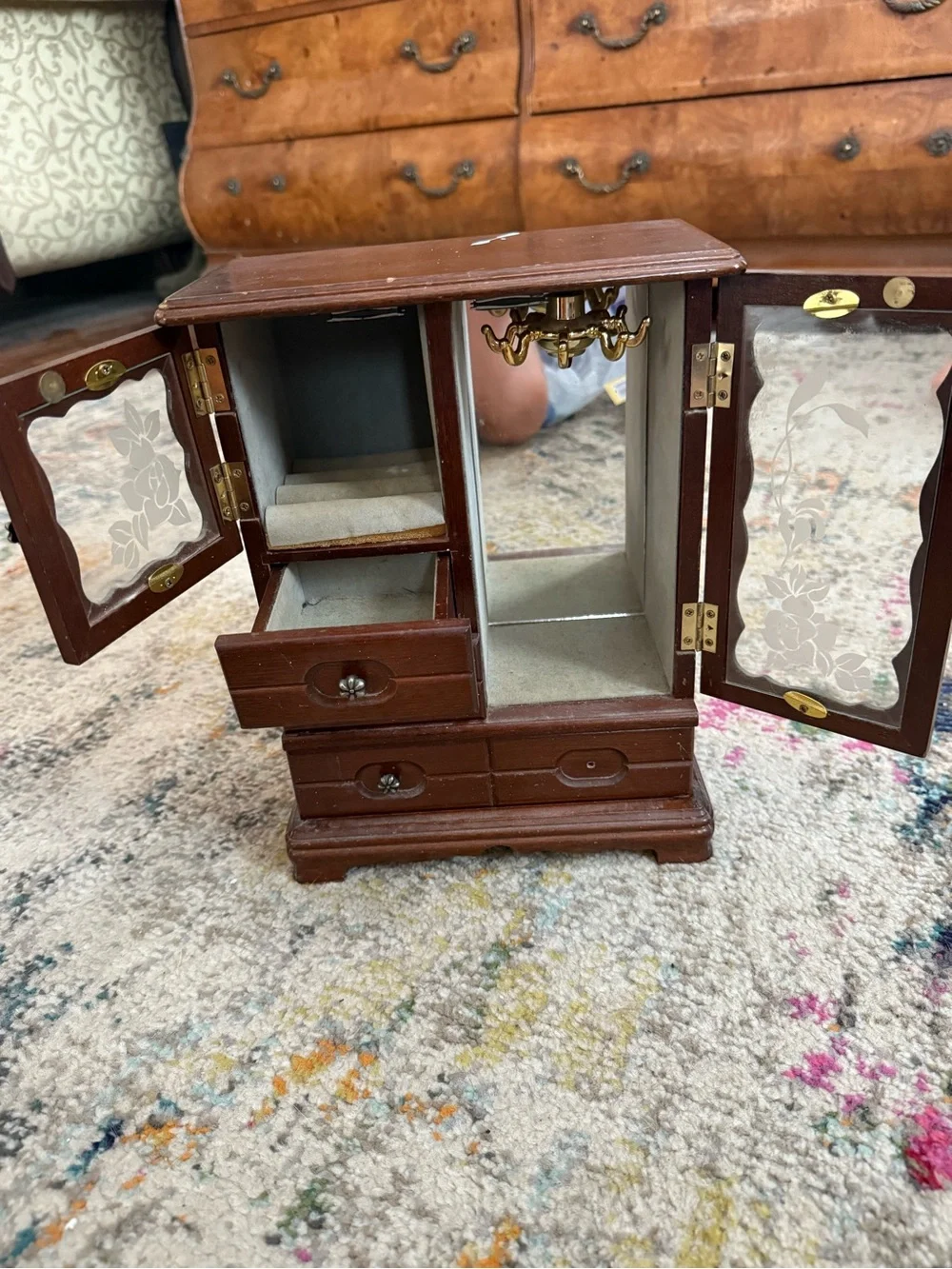 Wooden Brown Jewelry Organizer Cabinet with Etched Glass